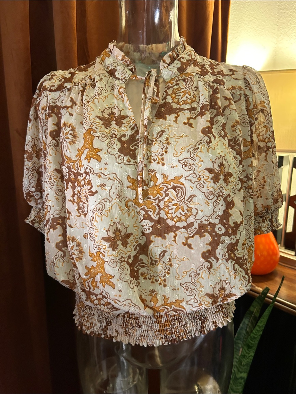 Rachel Zoe Brown & Cream Paisley-Print Smocked-Hem Blouse